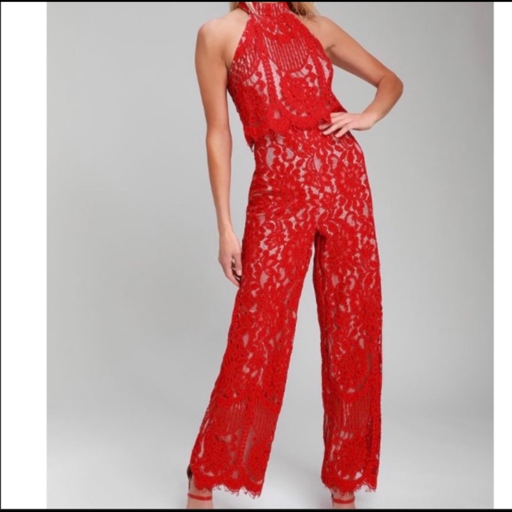 Lulu Red Lace Halter Jumpsuit